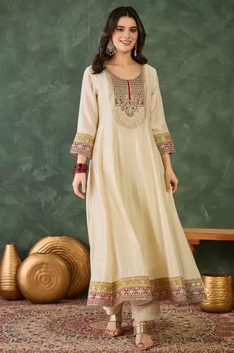 Women's Beautiful Embroidery Work Vichitra Silk Fabric Flared Anarkali Pant and Dupatta Set