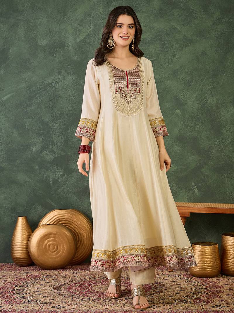 Women's Beautiful Embroidery Work Vichitra Silk Fabric Flared Anarkali Pant and Dupatta Set