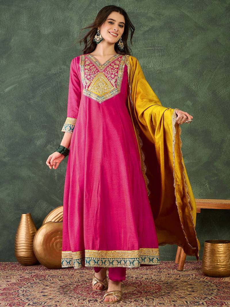 Women's Beautiful Embroidery Work Vichitra Silk Fabric Flared Anarkali Pant and Dupatta Set