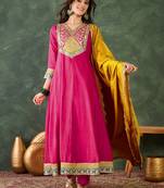Women's Beautiful Embroidery Work Vichitra Silk Fabric Flared Anarkali Pant and Dupatta Set