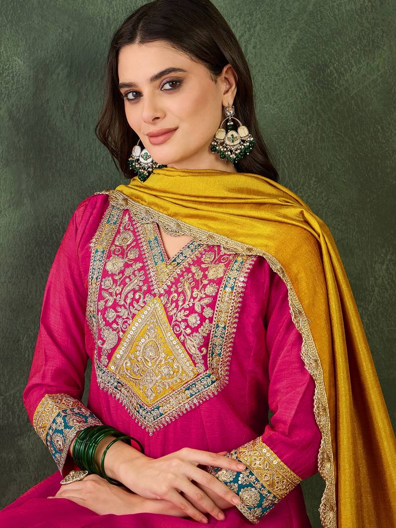 Women's Beautiful Embroidery Work Vichitra Silk Fabric Flared Anarkali Pant and Dupatta Set