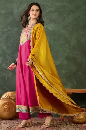 Women's Beautiful Embroidery Work Vichitra Silk Fabric Flared Anarkali Pant and Dupatta Set