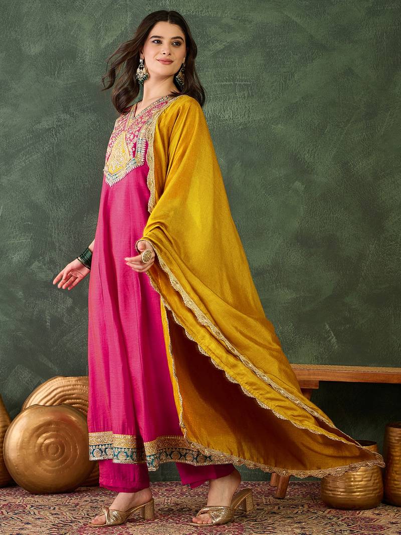 Women's Beautiful Embroidery Work Vichitra Silk Fabric Flared Anarkali Pant and Dupatta Set