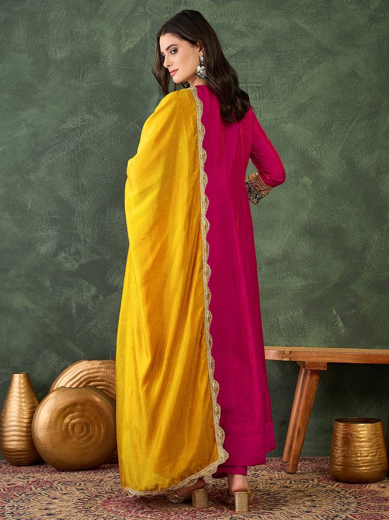 Women's Beautiful Embroidery Work Vichitra Silk Fabric Flared Anarkali Pant and Dupatta Set