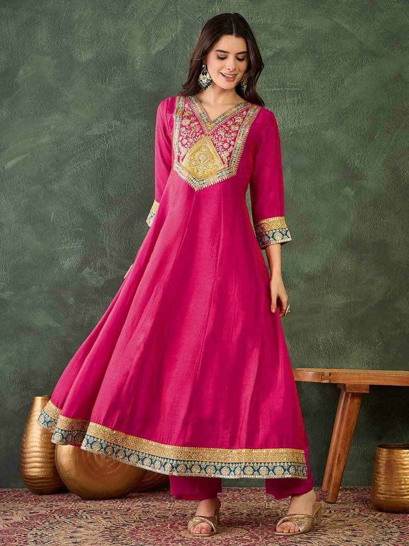 Women's Beautiful Embroidery Work Vichitra Silk Fabric Flared Anarkali Pant and Dupatta Set