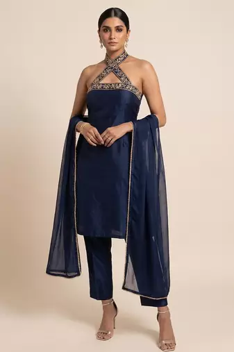Navy blue embroidered silk kurta set