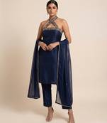 Navy blue embroidered silk kurta set