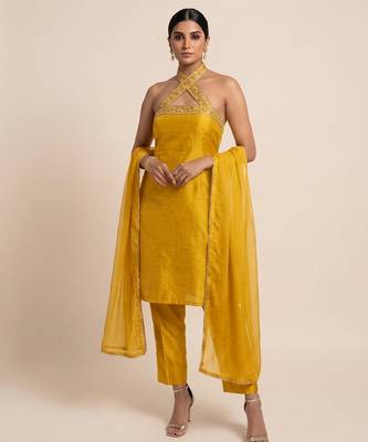 Mustard yellow embroidered silk kurta set 1