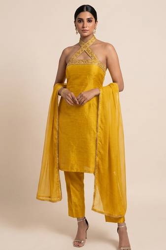 Mustard yellow embroidered silk kurta set