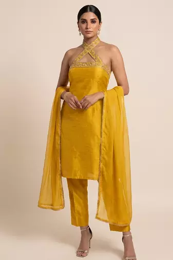 Mustard yellow embroidered silk kurta set