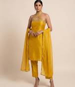 Mustard yellow embroidered silk kurta set
