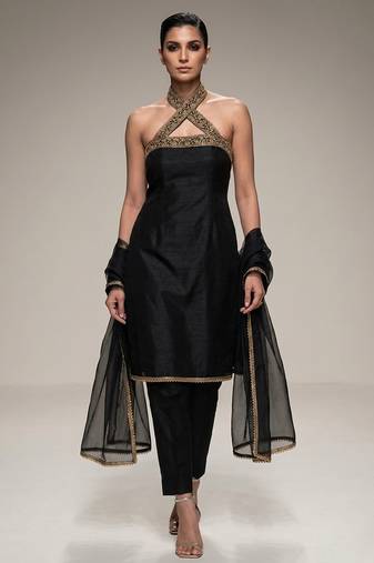 Black embroidered silk kurta set