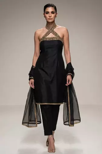 Black embroidered silk kurta set