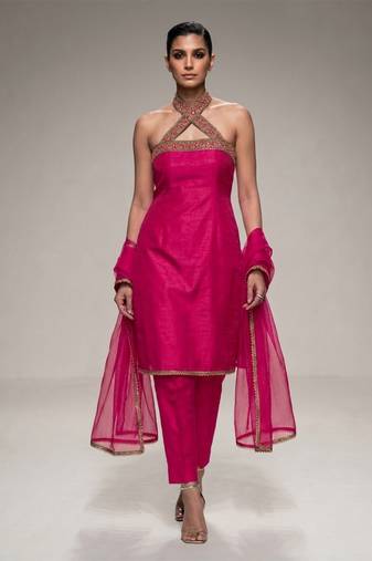 Pink embroidered silk kurta set