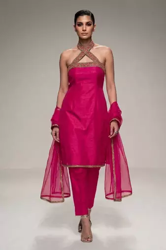Pink embroidered silk kurta set