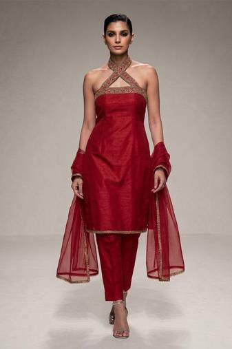 Red embroidered silk kurta set