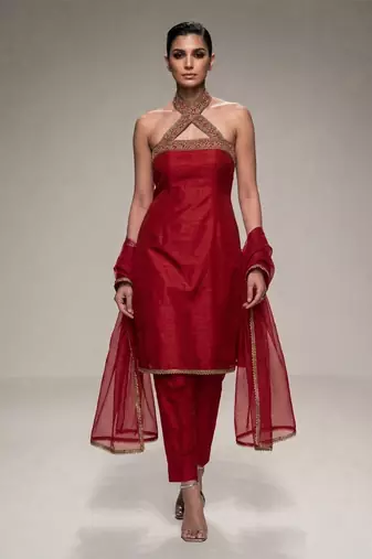 Red embroidered silk kurta set