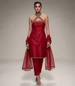 Red embroidered silk kurta set