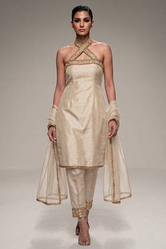 Ivory embroidered silk kurta set