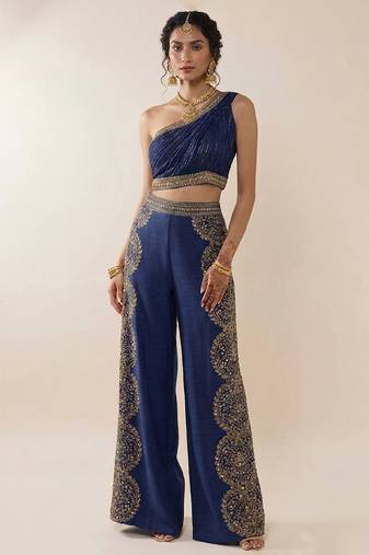 Blue embroidered silk co ord set