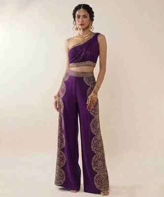 Purple embroidered silk co ord set 1