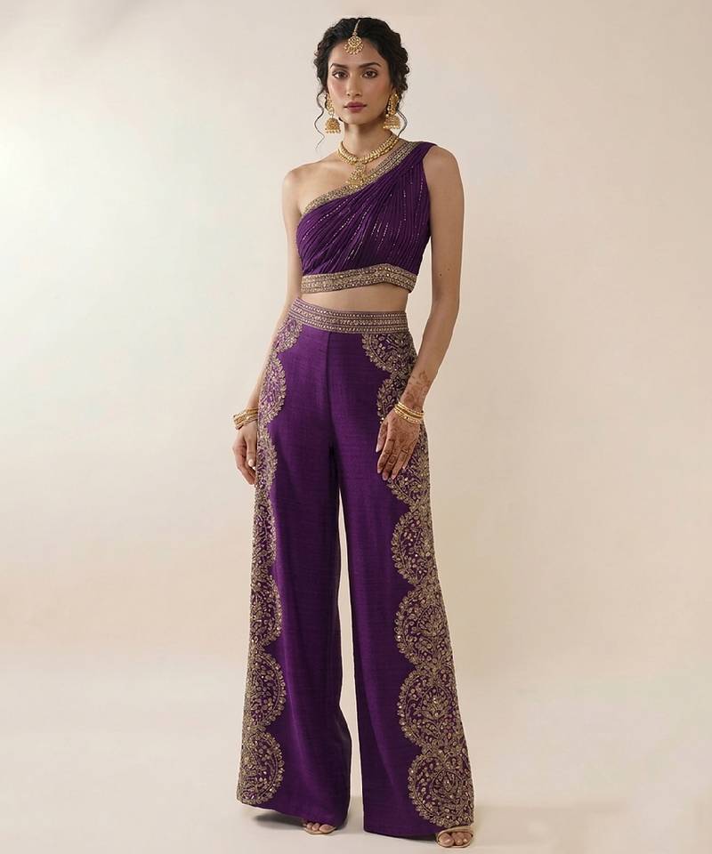 Purple embroidered silk co ord set