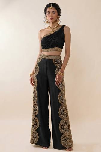 Black embroidered silk co ord set