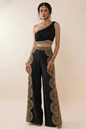 Black embroidered silk co ord set