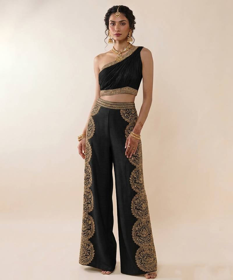 Black embroidered silk co ord set