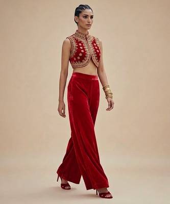 Red embroidered velvet co ord set 1