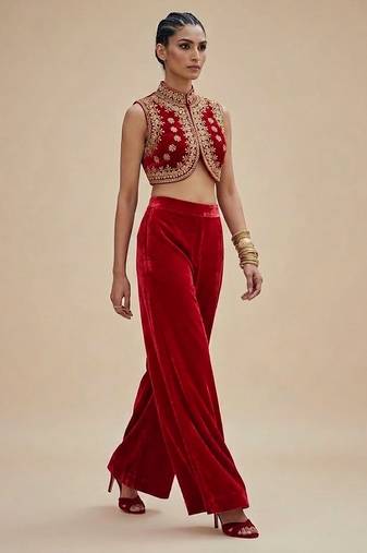 Red embroidered velvet co ord set
