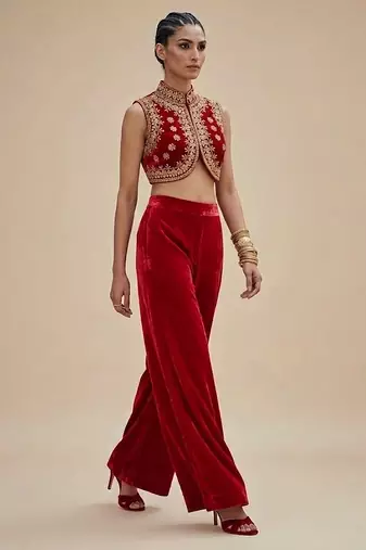 Red embroidered velvet co ord set