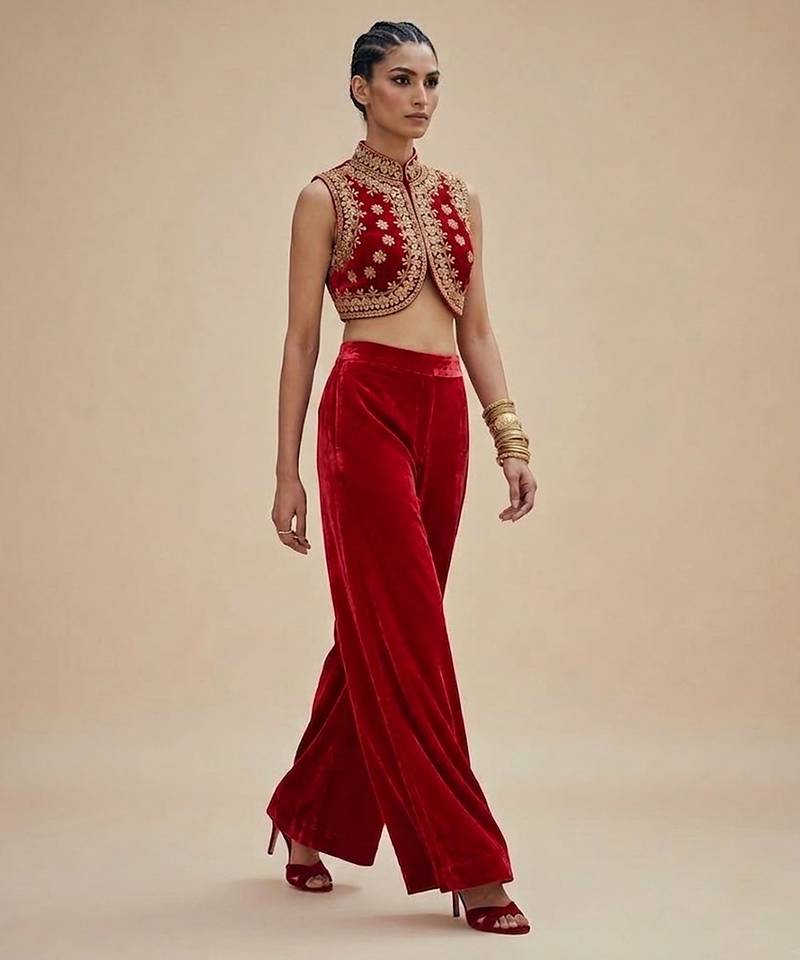 Red embroidered velvet co ord set