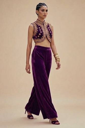 Purple embroidered velvet co ord set