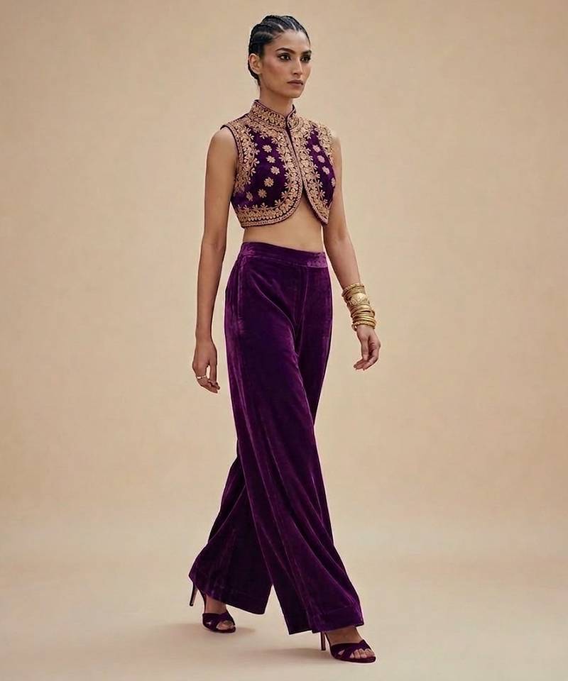 Purple embroidered velvet co ord set