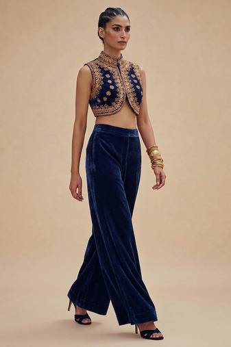 Navy blue embroidered velvet co ord set