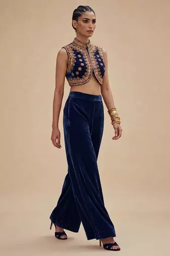 Navy blue embroidered velvet co ord set