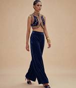 Navy blue embroidered velvet co ord set