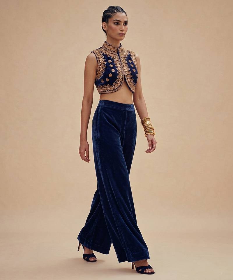 Navy blue embroidered velvet co ord set