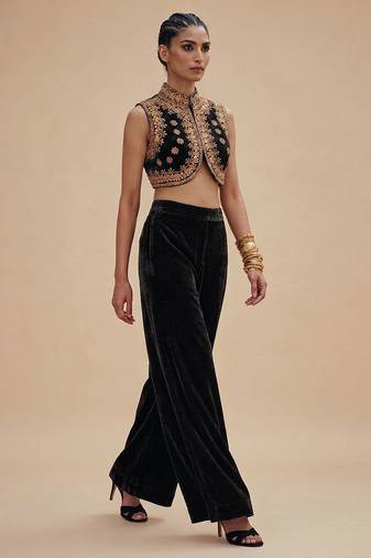 Black embroidered velvet co ord set