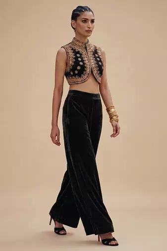 Black embroidered velvet co ord set