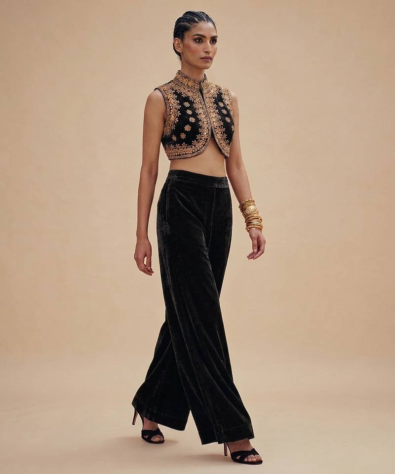 Black embroidered velvet co ord set