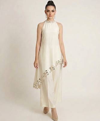 Off white embroidered raw silk co ord set 1