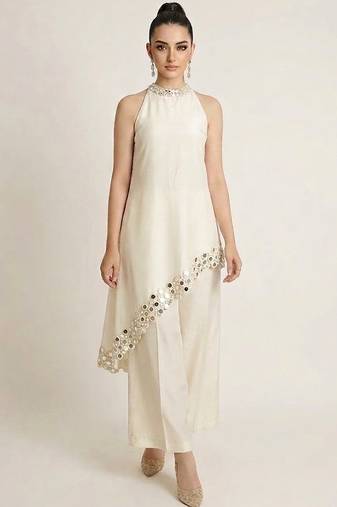 Off white embroidered raw silk co ord set