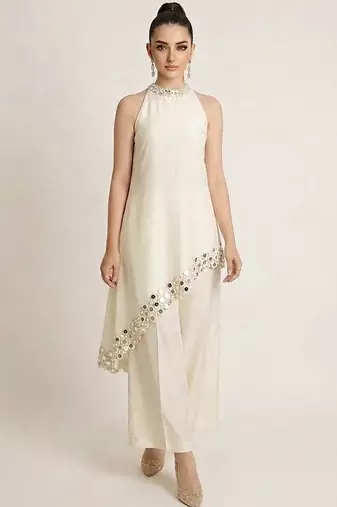 Off white embroidered raw silk co ord set