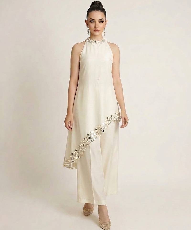 Off white embroidered raw silk co ord set