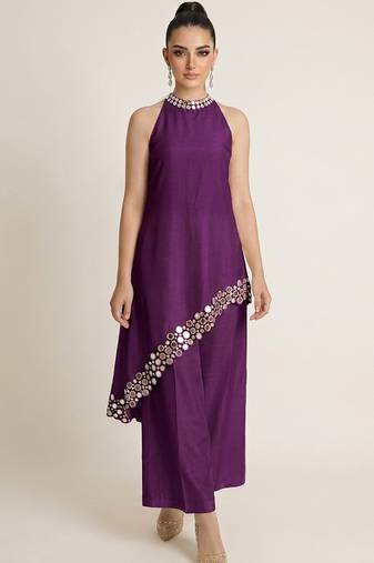 Purple embroidered raw silk co ord set