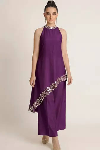 Purple embroidered raw silk co ord set
