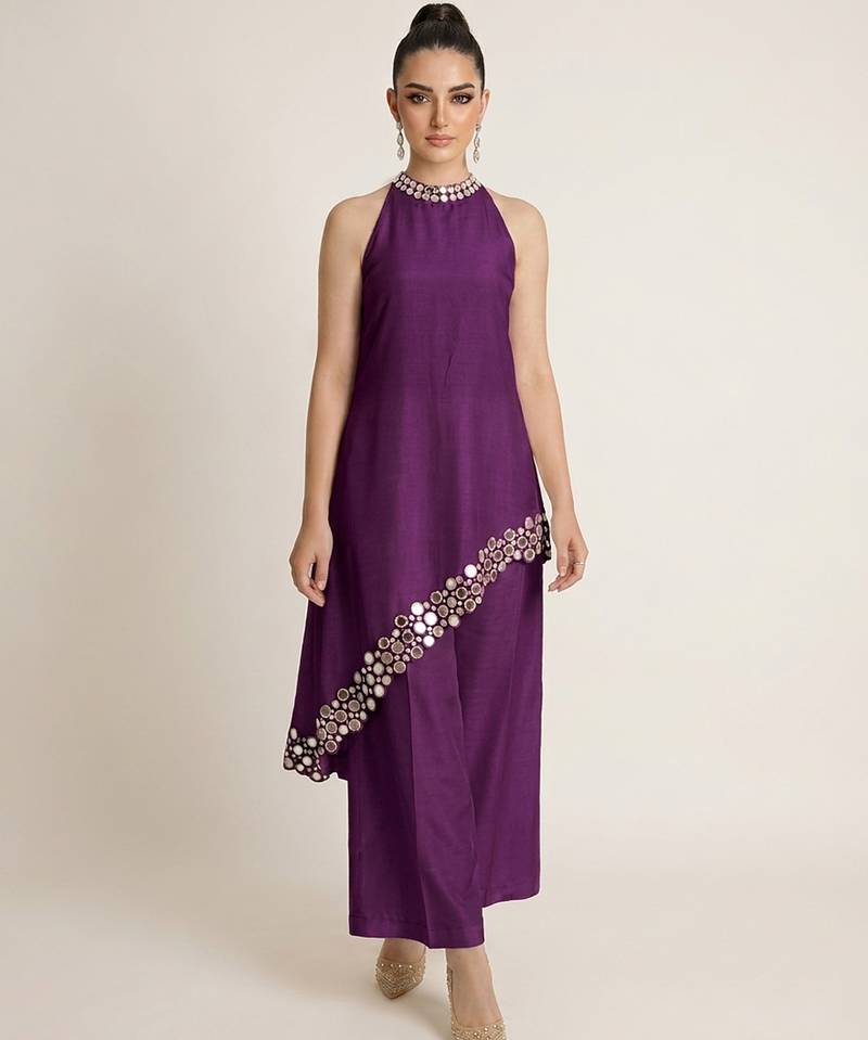 Purple embroidered raw silk co ord set