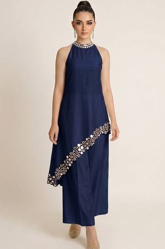 Navy blue embroidered raw silk co ord set